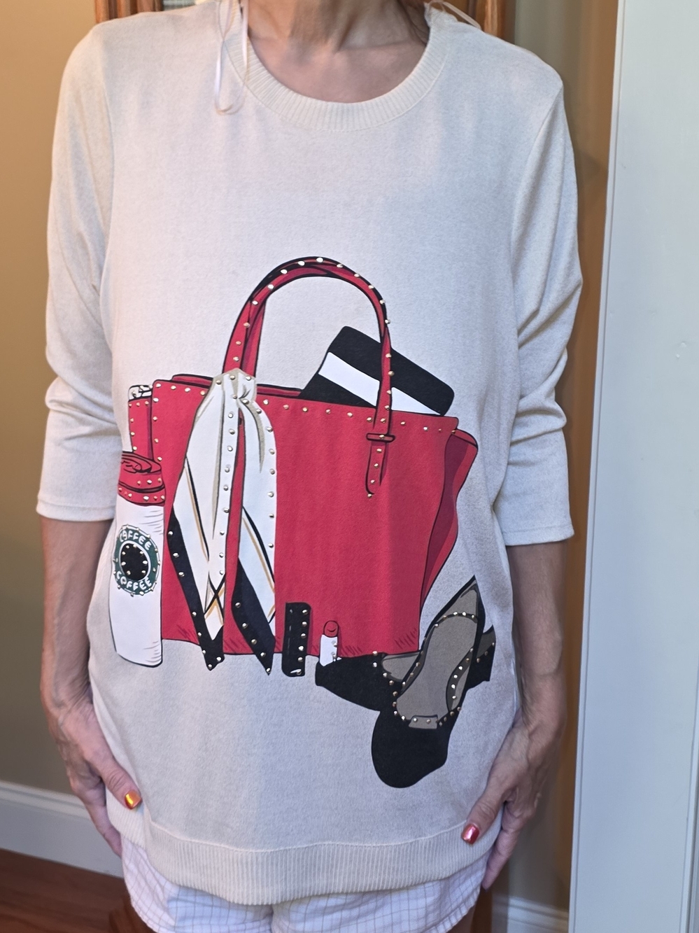 Casual Cream Sweater with Red Tote Graphic - Unbranded